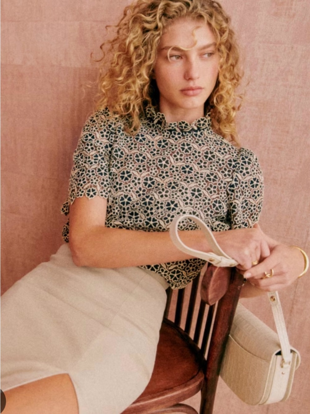 Sezane Lisana Blouse Floral Lace-Effect Short Sleeve